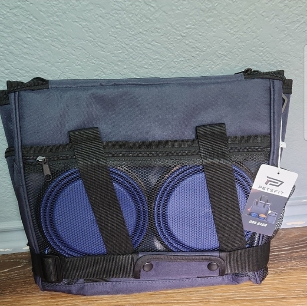 NWT Petsfit Pet Dog Travel Pack Collapsible Bowls Mat Food Containers Blue Black